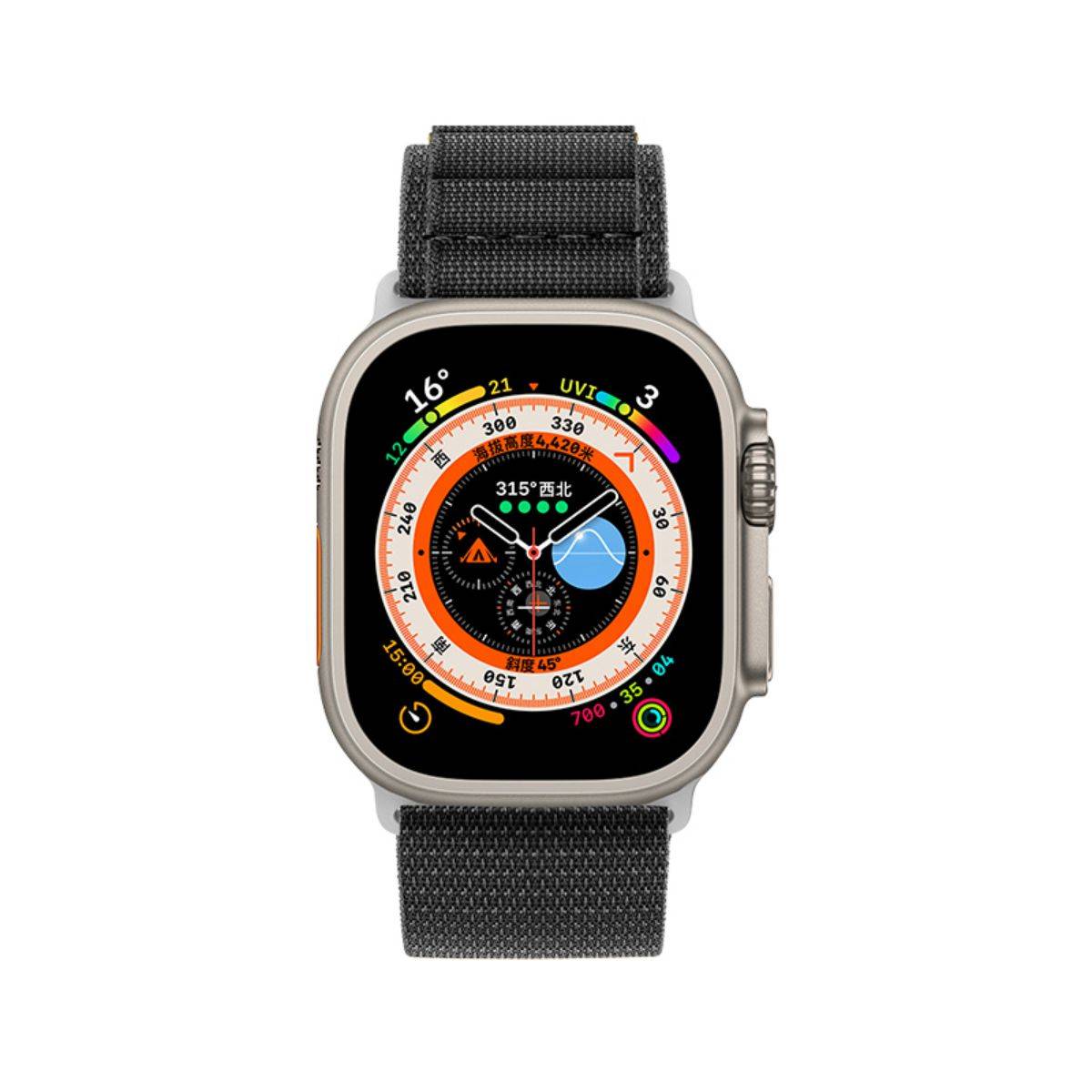 Front view of an Apple Watch Ultra with a Black Mountain Series Nylon Band. Durable and breathable for active users.